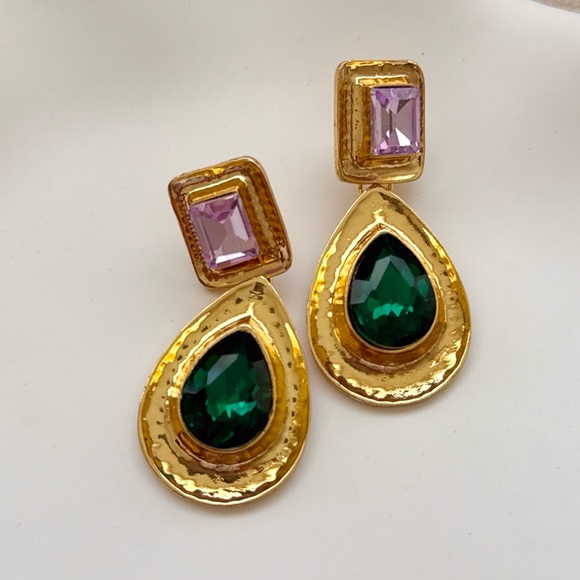 ZARA Style Emerald Green Lavender Crystal Statement Drop Earrings Gold Tone - Picture 2 of 4